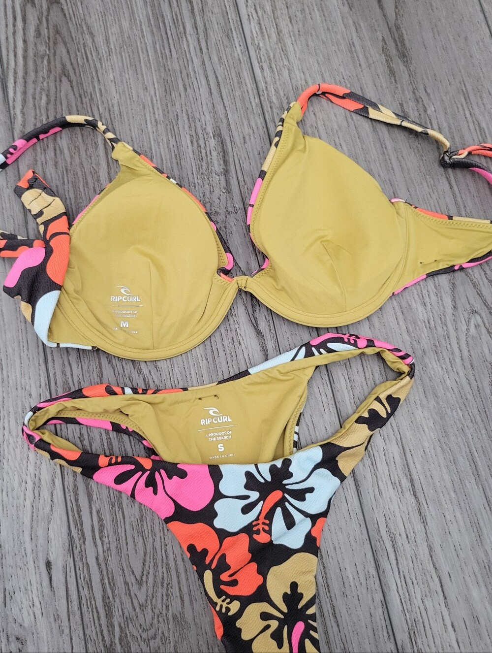 Rip Curl Floral Bikini Set in Brown with Pink, Orange & Cream Hibiscus Print - Picture 4 of 7